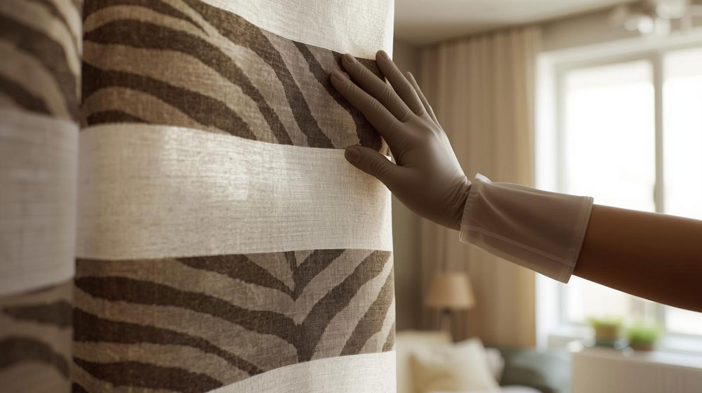 شستن و تمیز کردن پرده زبرا در خانه ، تصویر از دست کشیدن یک خانم در روی پرده زبرا