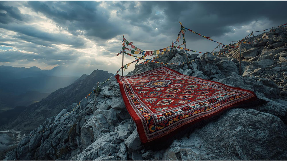 تصویر نمادین تولید شده برای فرش تبتی با توجه به تاریخچه ان که در مناطق کوهستانی شروع شده