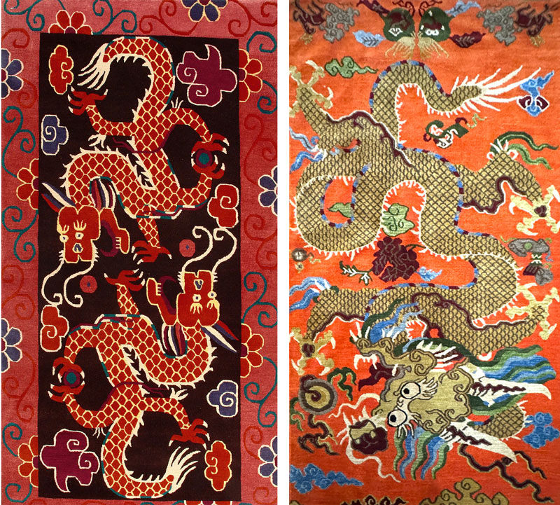 دو نمونه از تصویر فرش های تبتی که در نقوش قدیمی و اژدها مانند دوخته شده اند