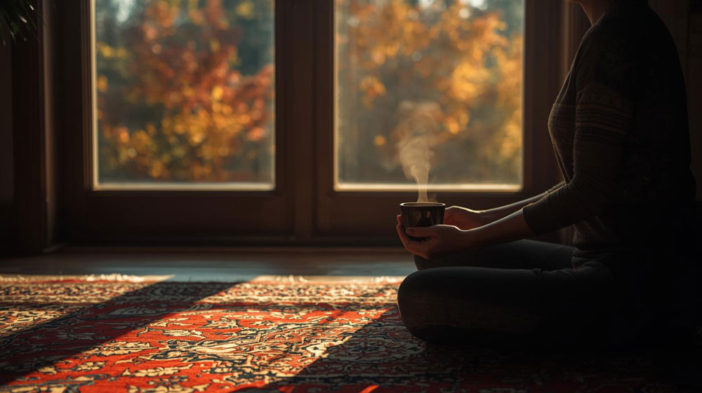 برانامه ریزی برای خانه تکانی در پاییز تصویر از یک خانم در حالت ارامش با یک فنجان چایی