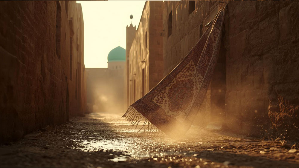 تصویر از یک فرش و نمایی از شهر یزد که به عنوان نمادی برای تبلیغات در قالیشویی هایی برتر یزد استفاده میشود