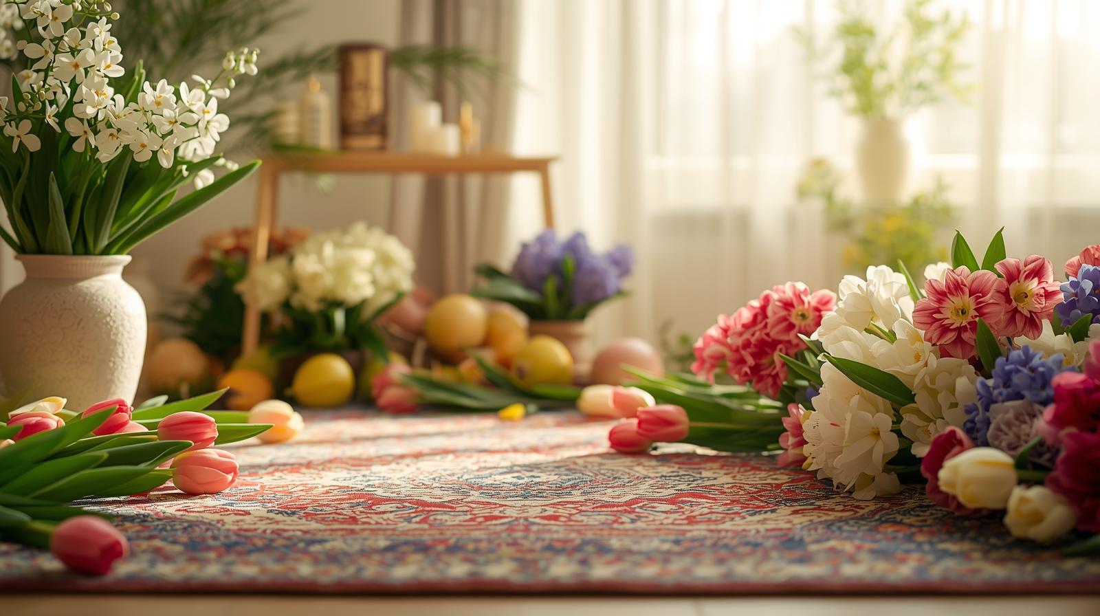 تصویر از یک فرش ایرانی و تم عید نورزو و گل ارایی در اطراف فرش